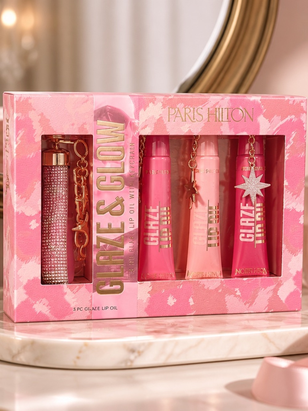 Paris Hilton Glaze & Glow 5 Pc Lip Oil Set with Rhinestone Keychain NWT